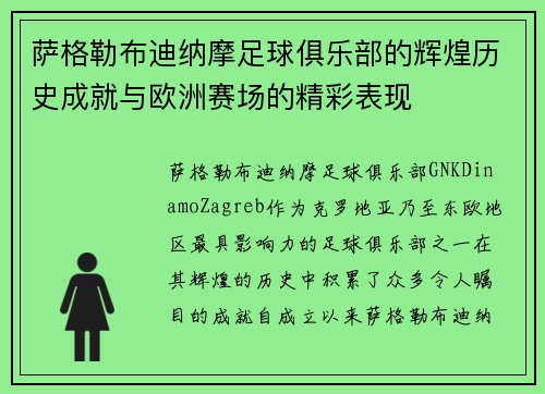 萨格勒布迪纳摩足球俱乐部的辉煌历史成就与欧洲赛场的精彩表现